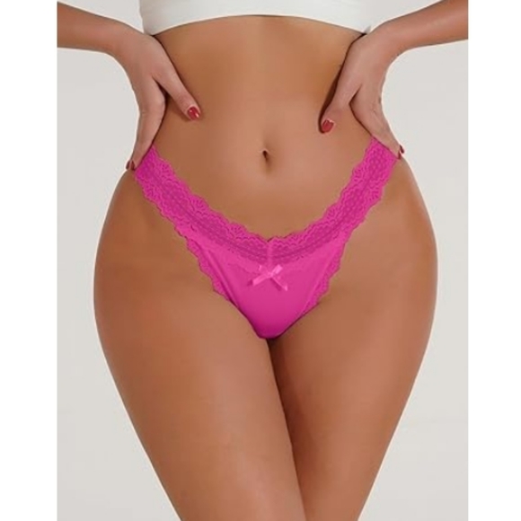 Milumia Women Sexy Panties Lace Cut Out Thongs Mid Waist Underwear Hot Pink - Picture 3 of 8